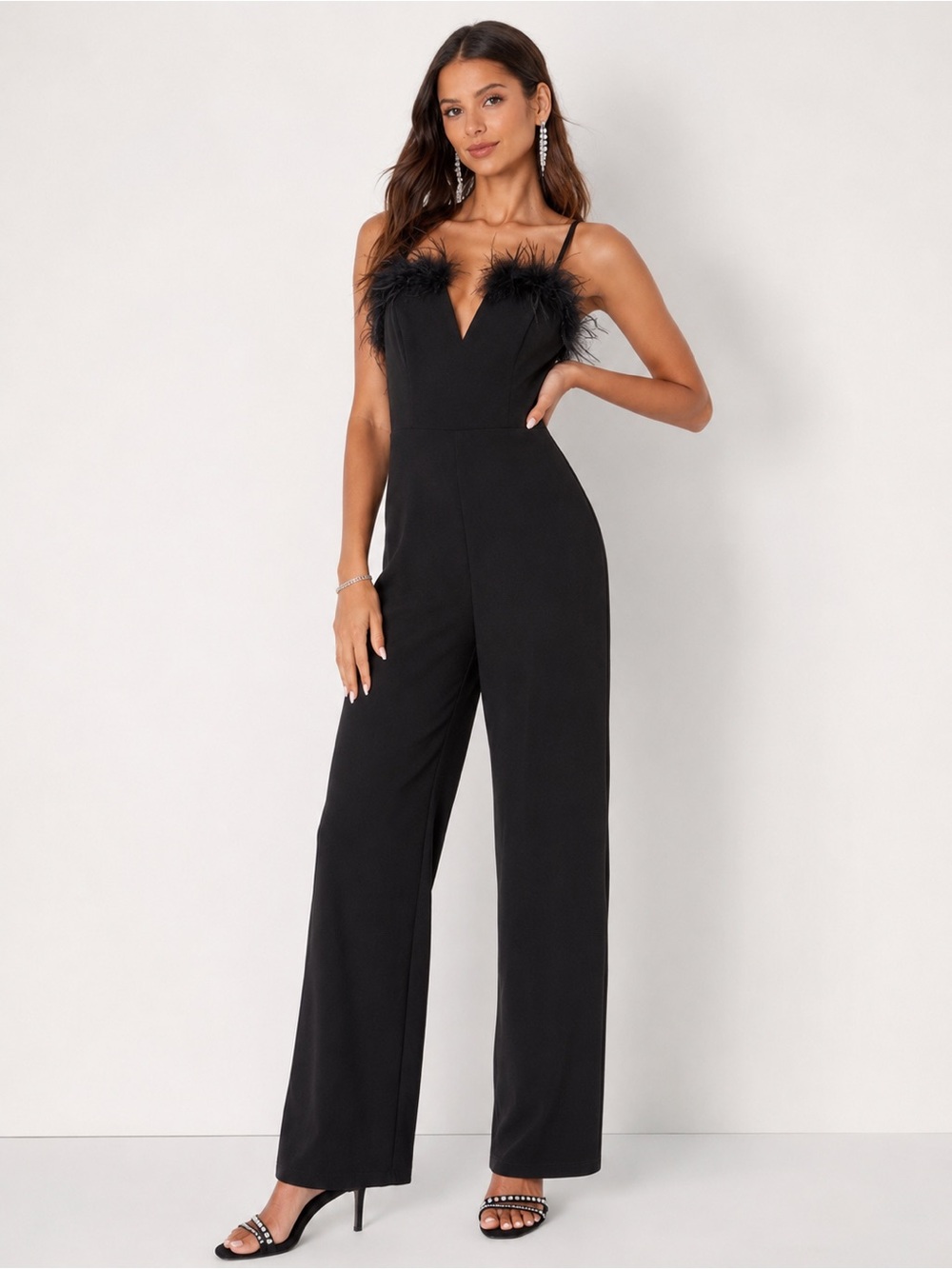 Lulus | Black Feather Trim Plunge V-Neck Wide Leg Jumpsuit Size Medium